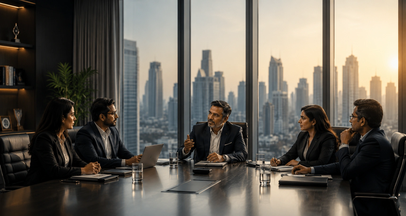 Senior leaders in a strategic boardroom discussion