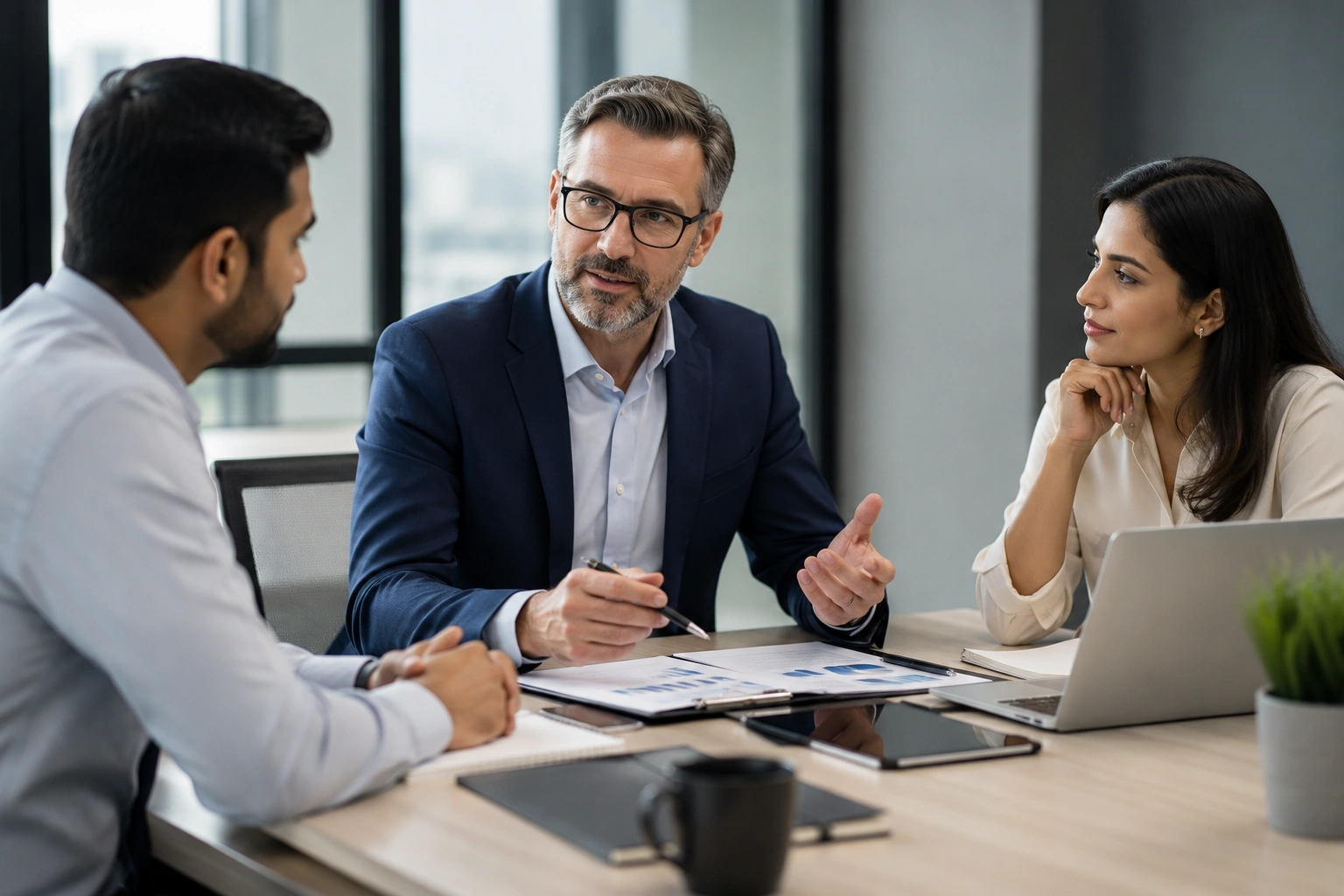 Senior consultants discussing a client mandate