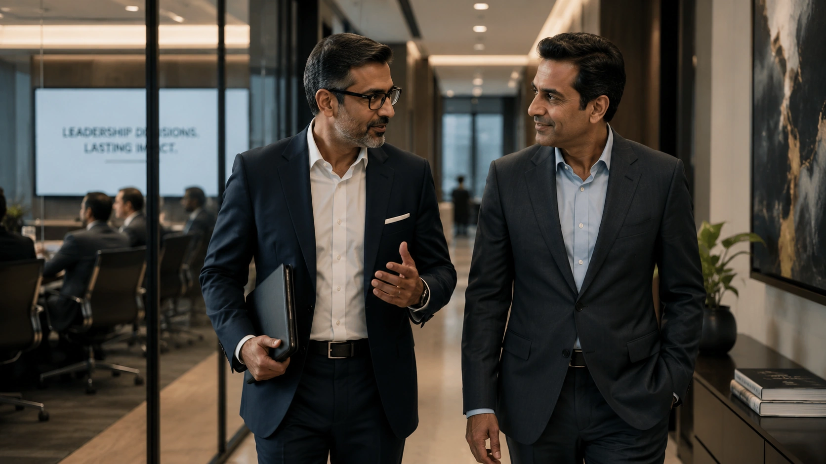 Senior business partners walking together after a leadership discussion